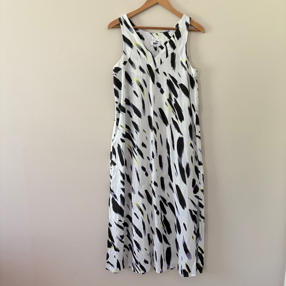 DKNY Pure Maxi Dress Small White Linen‎ Abstract Brushstroke Sleeveless V-Neck